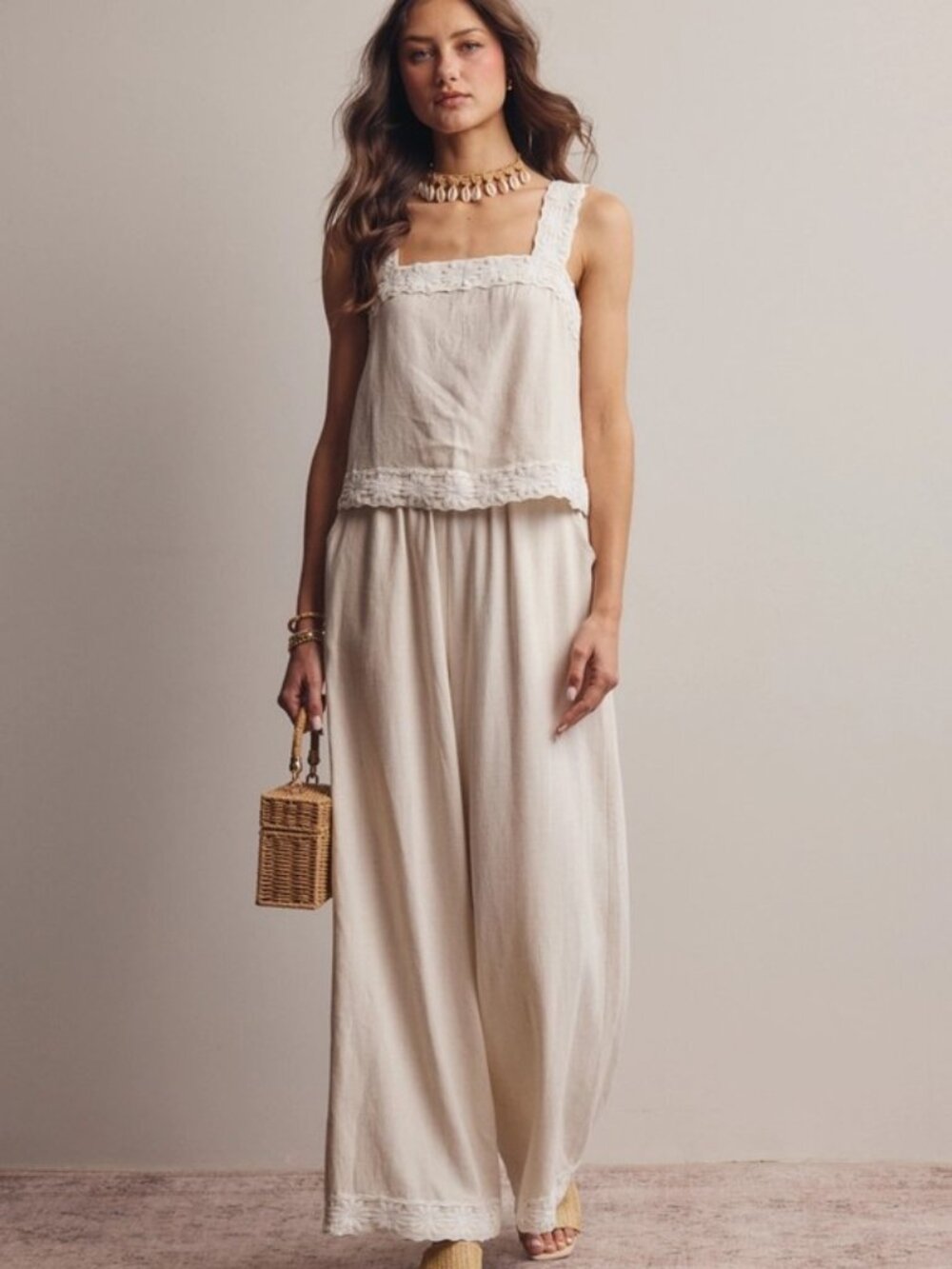 Embroidered Square-Neck Tank & Wide-Leg Pants Set